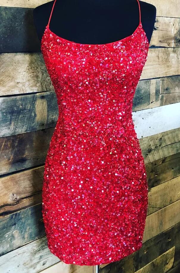 Tight Red Sequins Backless Short Prom Dresses