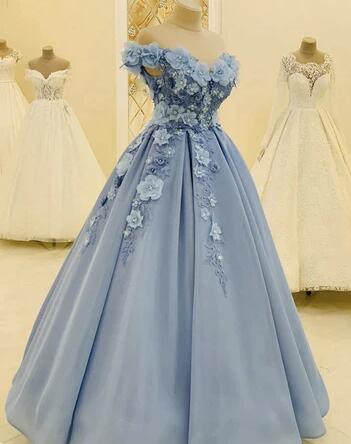 Off The Shoulder Sleeveless Light Blue Flower Prom Dress