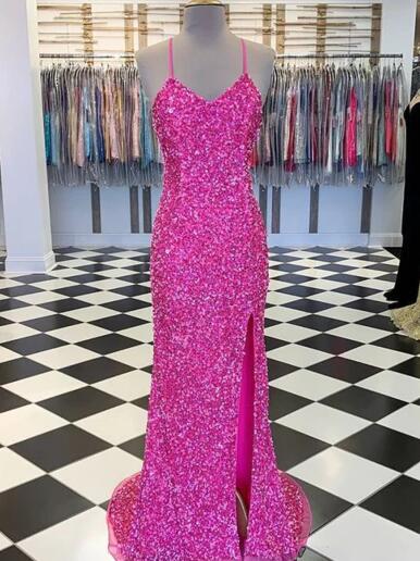 Spaghetti Straps A Line Sequin Prom Dress With Side Slit on Luulla