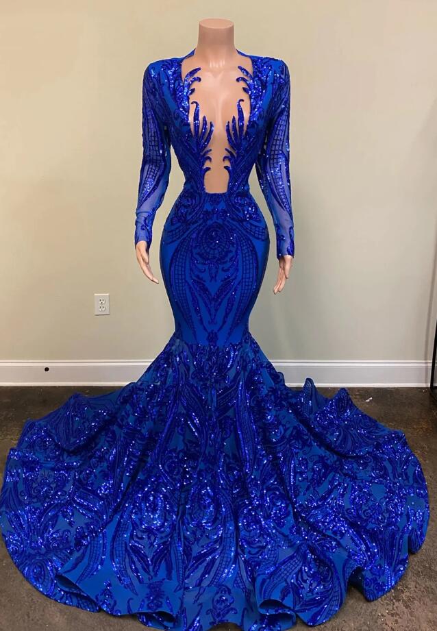 Sexy Royal Blue Sequin Long Prom Dress