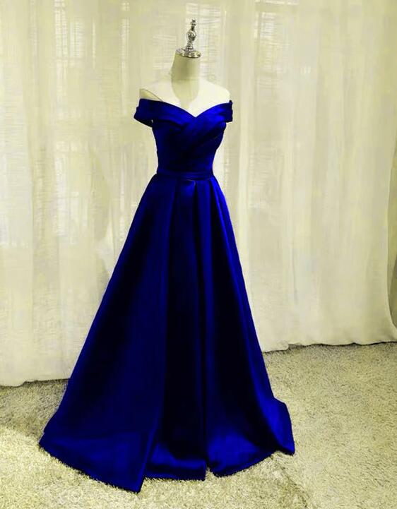 Off The Shoulder Royal Blue Satin Prom Dresses