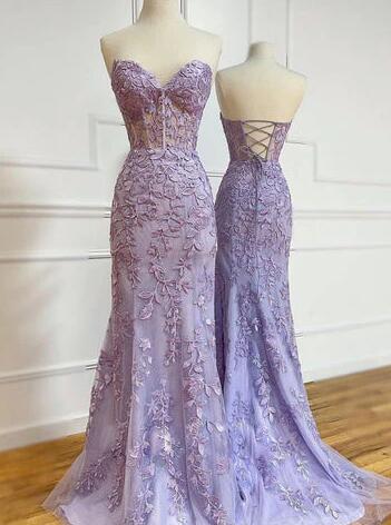 A Line Lavender Tulle Mermaid Appliques See Through Prom Dress