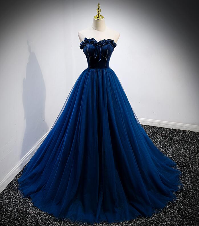 Charming Blue Velvet Tulle Sweetheart A-line Prom Dress