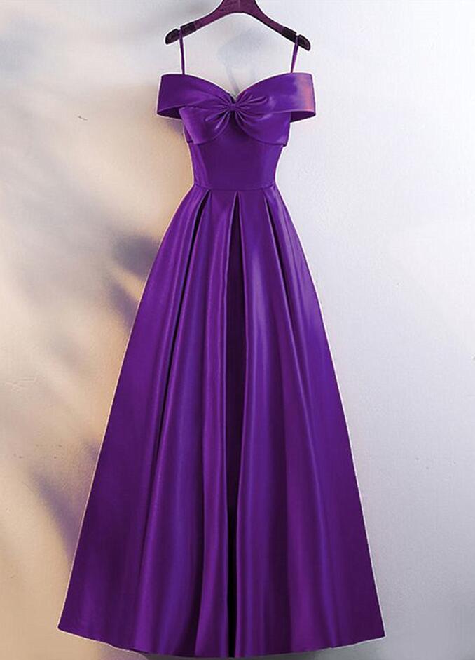 Purple Straps Off The Shoulder Satin Prom Dresses
