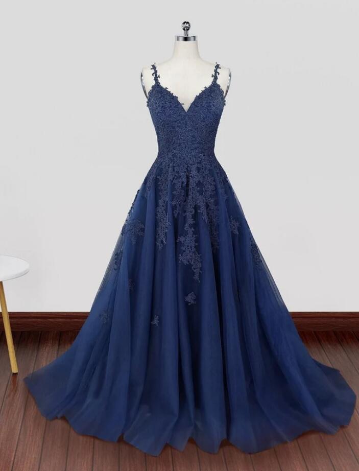 A Line Navy Blue V Neck Lace Prom Dresses