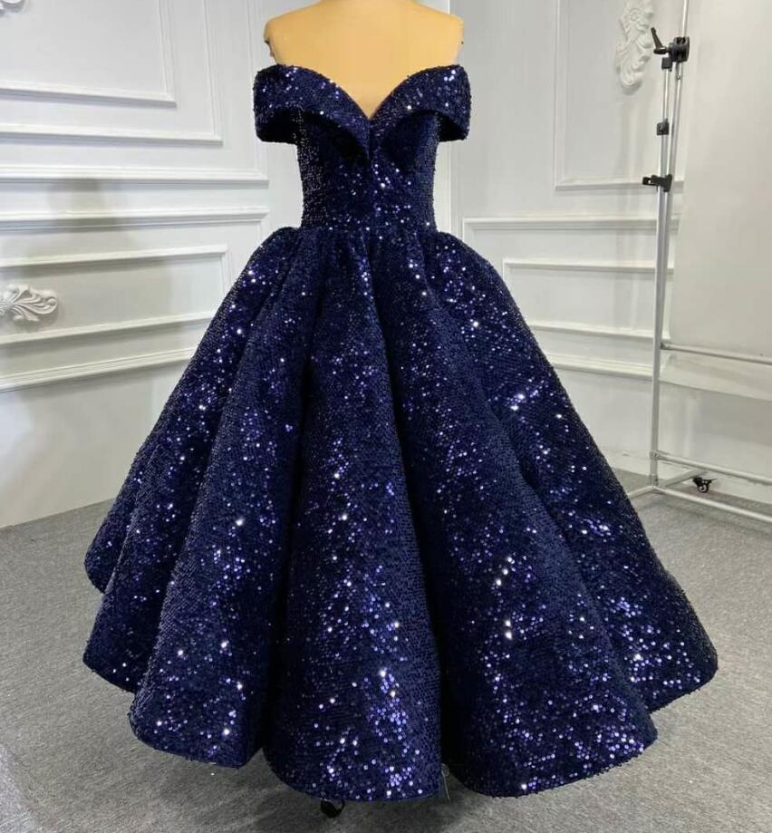 Glitter navy Sequins Off Shoulders Tight Fit Formal Prom Dress