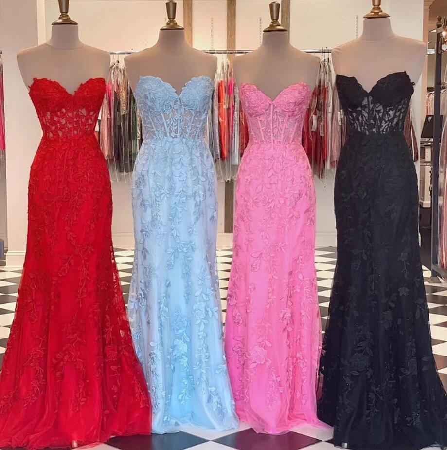 A Line Stunning Strapless Lace Mermaid Prom Dresses