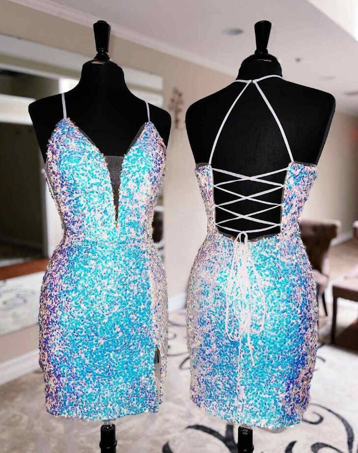 Glitter Plunging V-neck Sequined Homecoming Dress With Slit