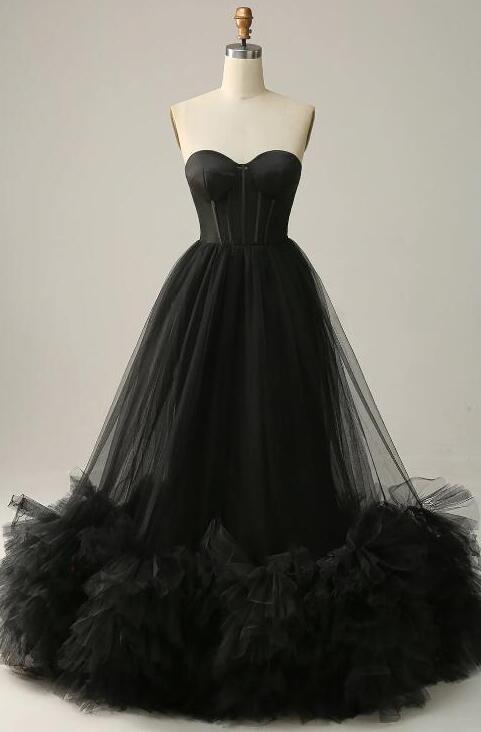 Sweetheart Black Corset Prom Dress With Ruffled