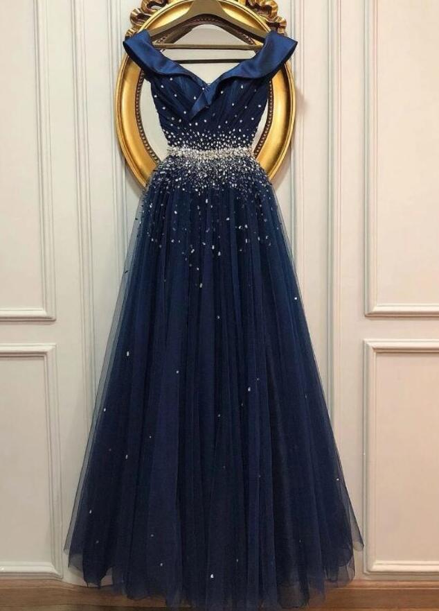 Shiny A Line Navy Blue Beaded Long Prom Dresses