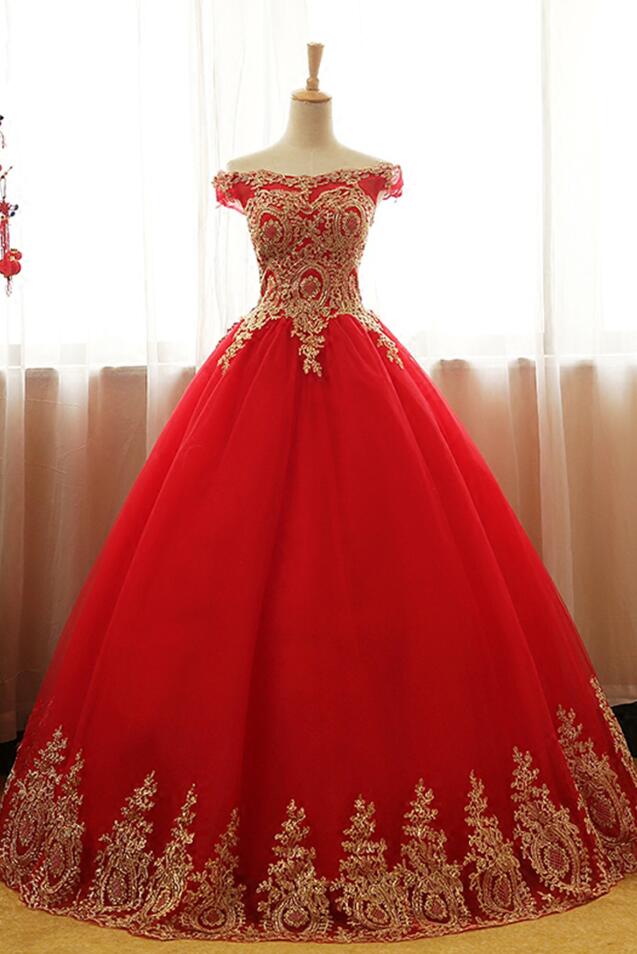 Amazing Luxury Red Tulle Ball Gown Quinceanera Dress With Gold Lace Appliqued