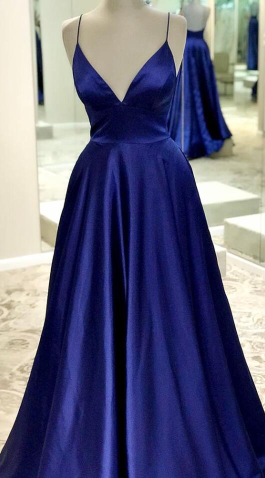 blue satin spaghetti strap dress Prom Dresses Sky Blue Spaghetti Straps V-Neck Floor Length Stretch Satin  Prom Dress With Slit