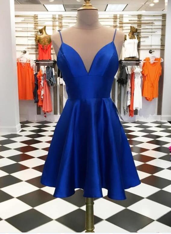 Spaghetti Strap Royal Blue Short Prom Dresses