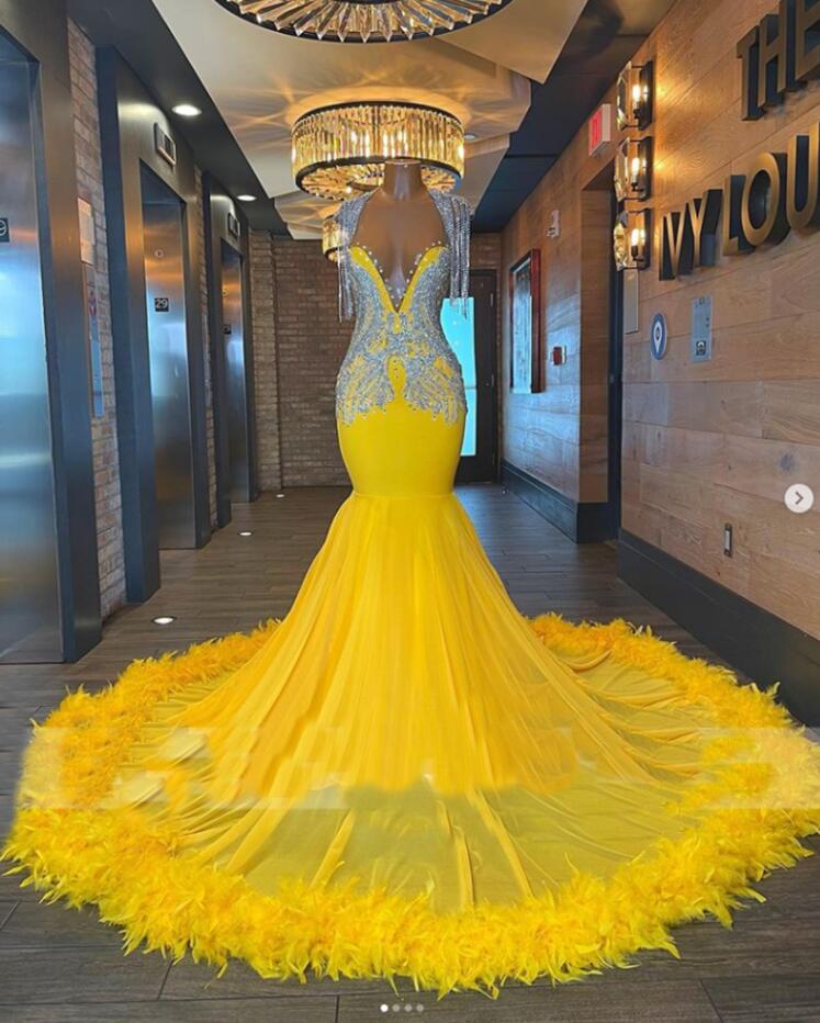 Sexy Yellow Prom Dresses, Feather Prom Dresses With Beading