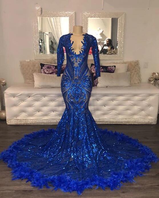 Mermaid Royal Blue Prom Dress Long Sleeves Sequin With Feathers