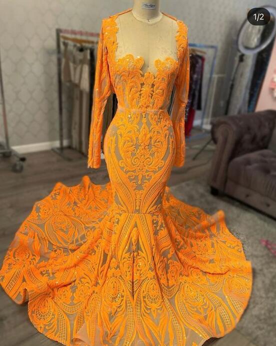 Orange Illusion Neck Long Sleeves Sequin Prom Dresses