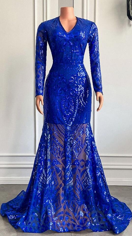Royal Blue V Neck Long Sleeves Sequin Prom Dress 2023