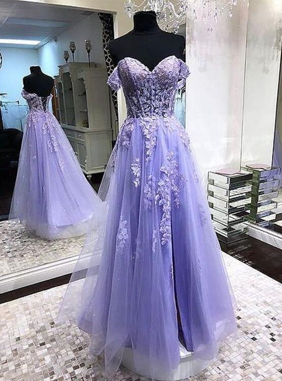 Off The Shoulder Tulle Lavender Prom Dresses With Appliques