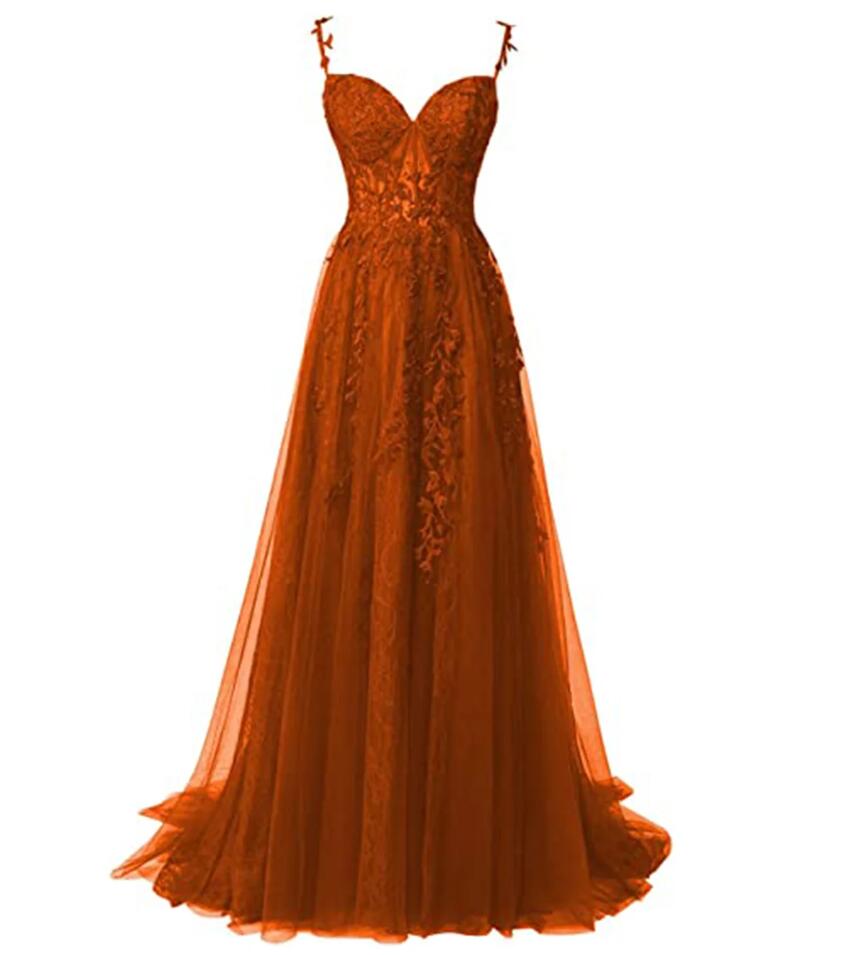 Spaghetti Straps Tulle Lace Appliques Burnt Orange Prom Dresses