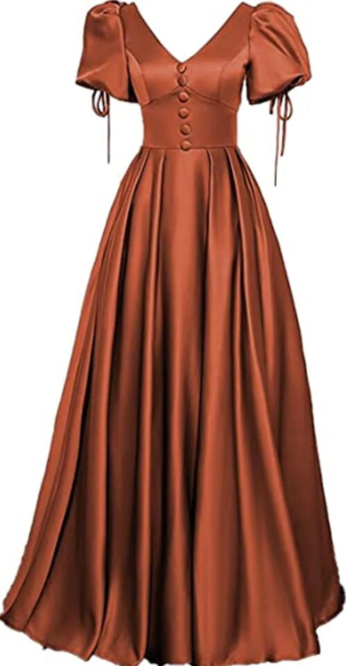 Princess Burnt Orange V Neck Satin Prom Dresses With Pleats Buttons