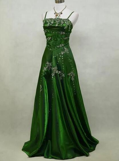 Spaghetti Straps Green A-line Beaded Prom Dresses Satin With Pleats