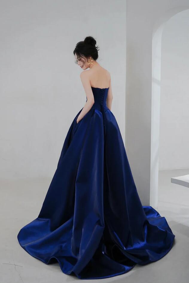Simple Blue A-Line Satin Sleeveless Prom Dresses,Long Evening Party Dresses main image 1