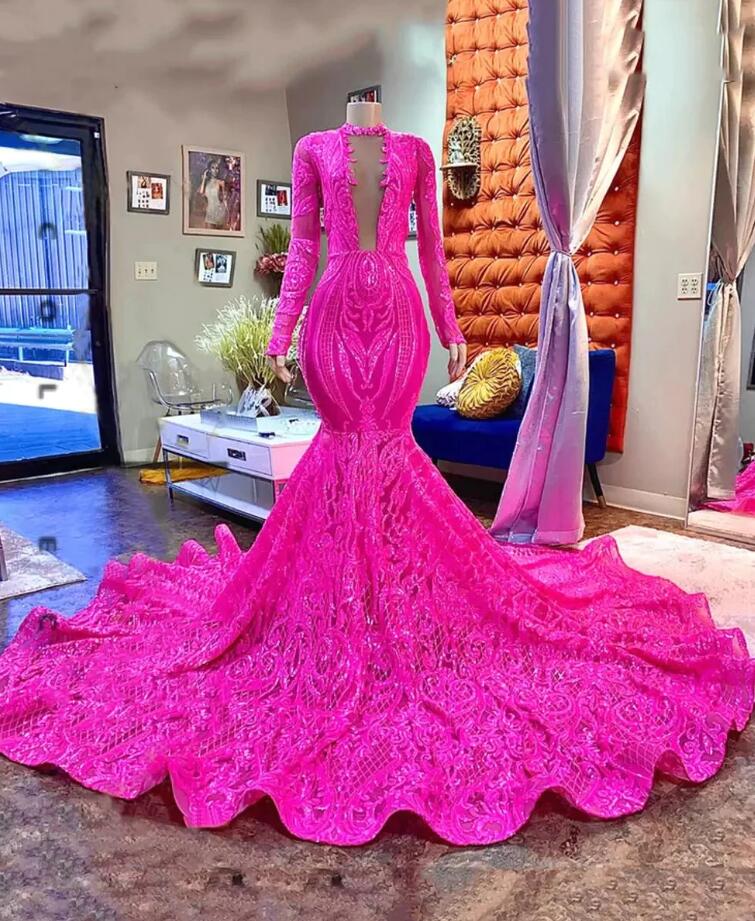 Fuchsia Mermaid Long Prom Dresses 2023 African Black Girl Full Sleeves Sparkly Sequin Prom Dress