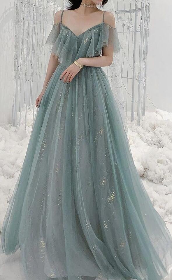 Beautiful Gray Blue Tulle Evening Prom Dresses