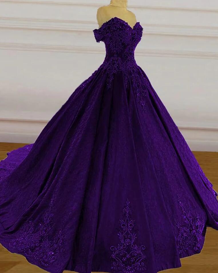 Off The Shoulder Purple Lace Ball Gown Prom Dresses