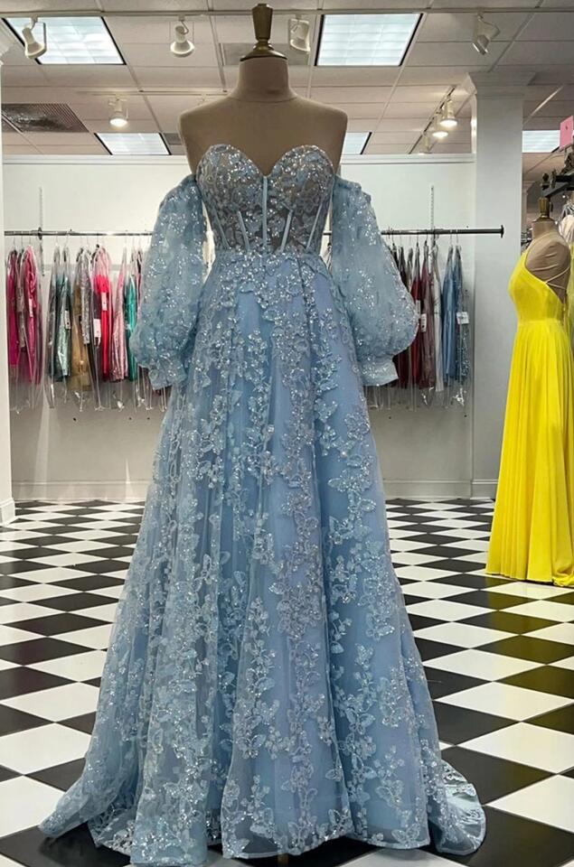 A Line Sweetheart Neck Blue Lace Appliques Long Prom Dress With Long Sleeves