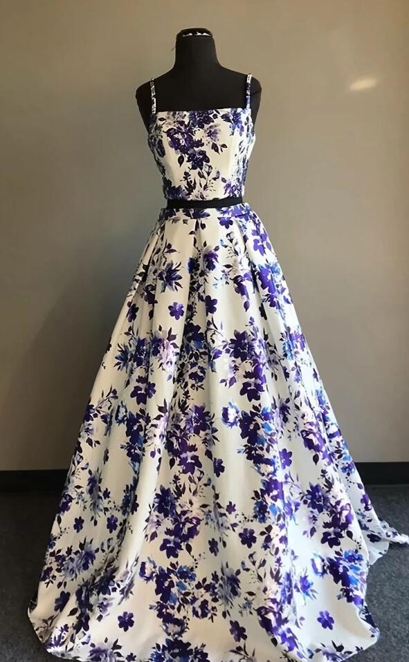 Two Piece Spaghetti Straps Floor Length Printed Prom Dress
