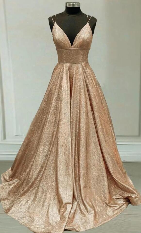 Sparkly Champagne Gold Ball Gown V Neck Prom Dress With Multi Straps