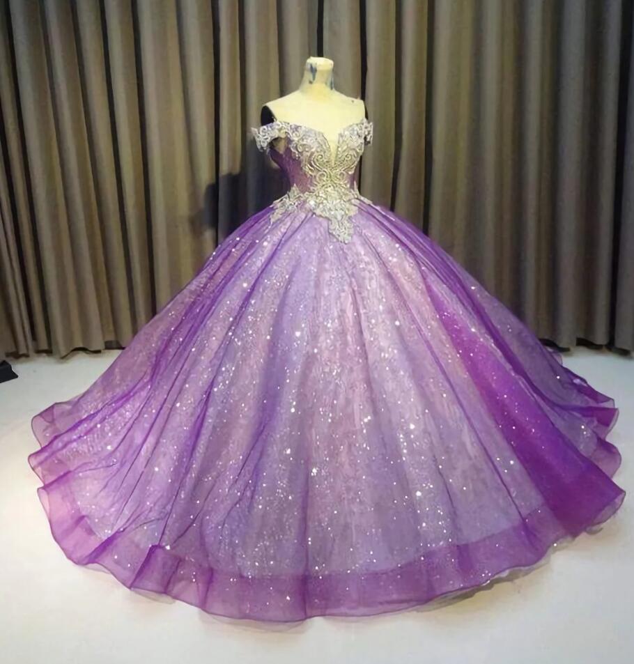 Off The Shoulder Ball Gown Bling Bling Purple Prom Dresses