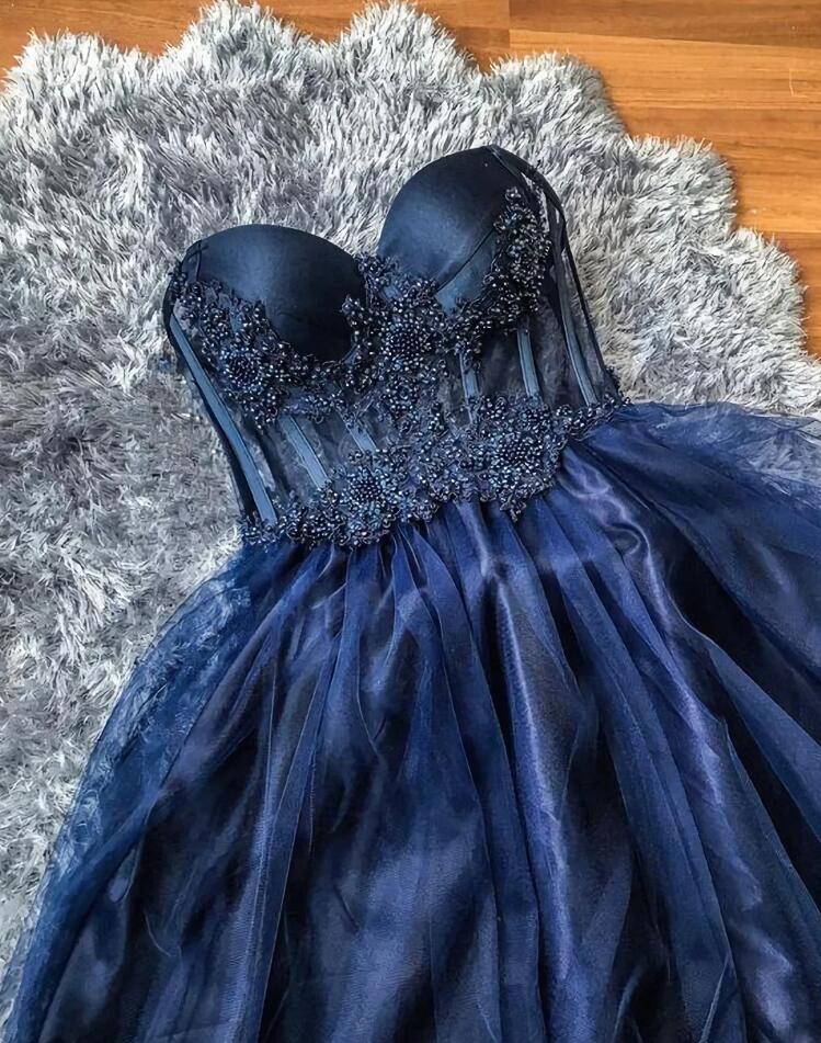 A Line Sweetheart Ball Gown Formal Navy Blue Evening Dress