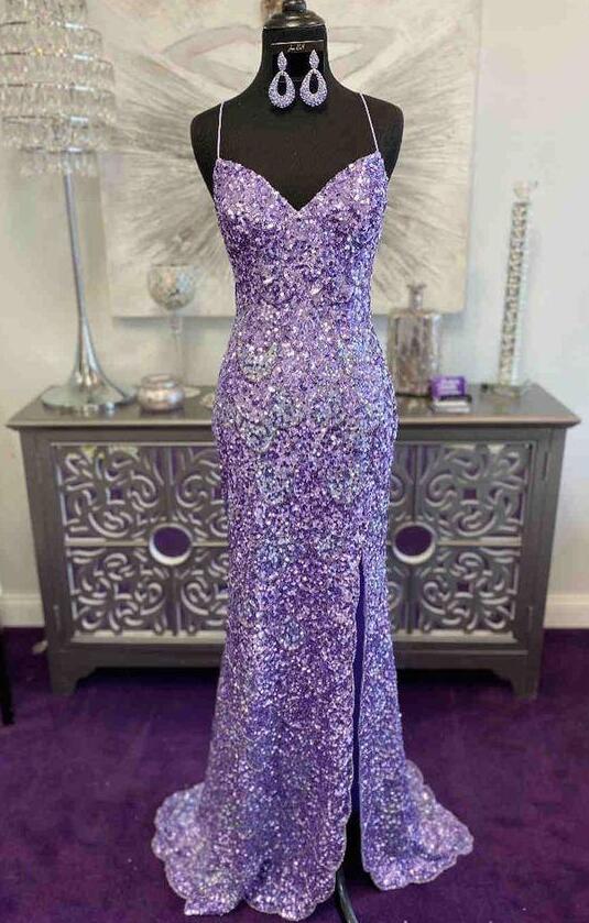 Glitter Lavender Sequins Long Formal Prom Dress With Slit