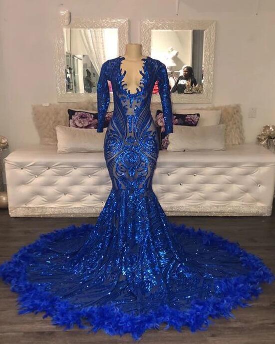 Mermaid See Through Long Sleeve Royal Blue Sequined Prom Dresses