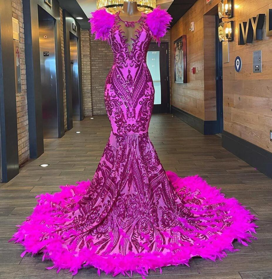Mermaid Fuchsia Sequined Feather Backless Evening Gowns