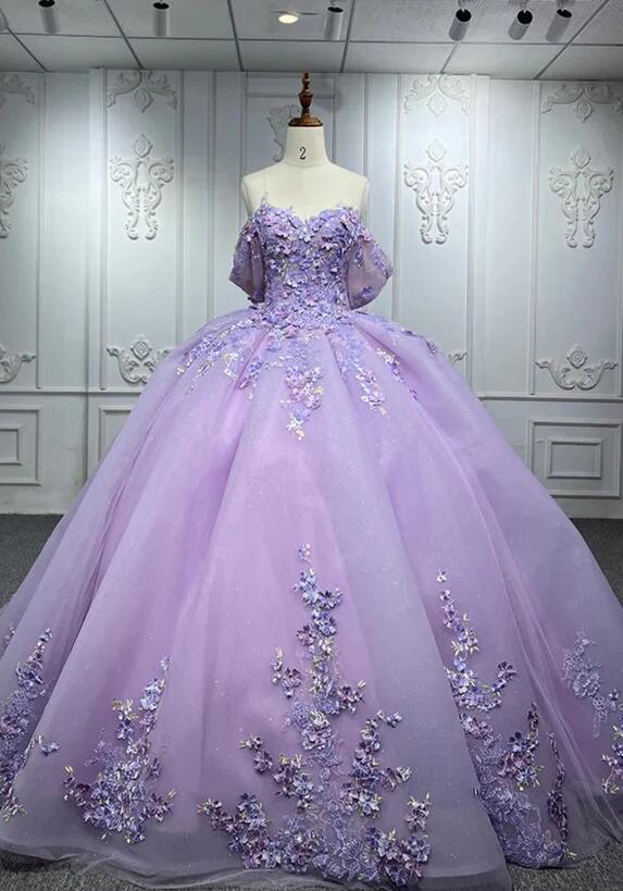 Lilac Off the Shoulder Ball Gown Tulle Quinceanera Dress with Appliques main image 0