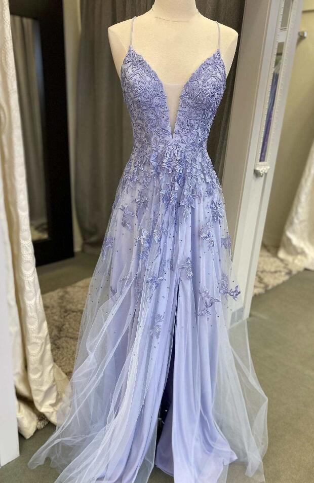 A-line Floral Lace V Neck Prom Dress With Slit A-line Floral Lace V Neck Prom Dress With Slit