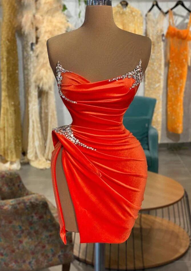 Sleeveless Sexy Mini Orange Cocktail Dresses V Neck Prom Dress Beaded