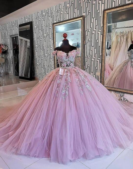 Off Shoulder Puffy Pink Lace Prom Dresses