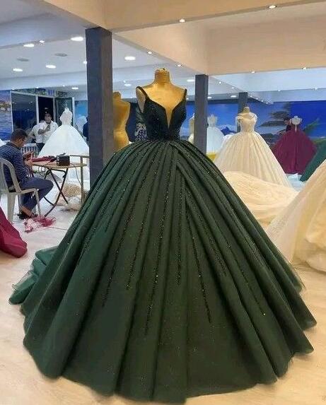 Vintage Green Ball Gown Tulle Prom Dresses With Sequin