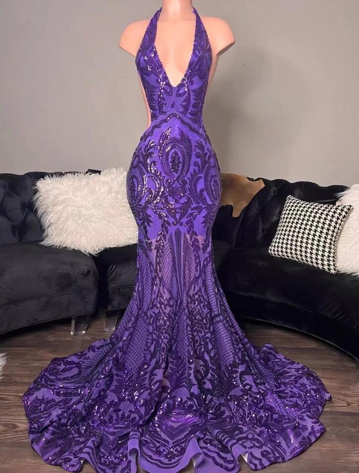 Halter Purple Sequin Prom Dresses, Mermaid Prom Dresses