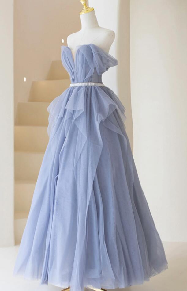 A Line Blue Tulle Long Prom Dress Blue Evening Dress