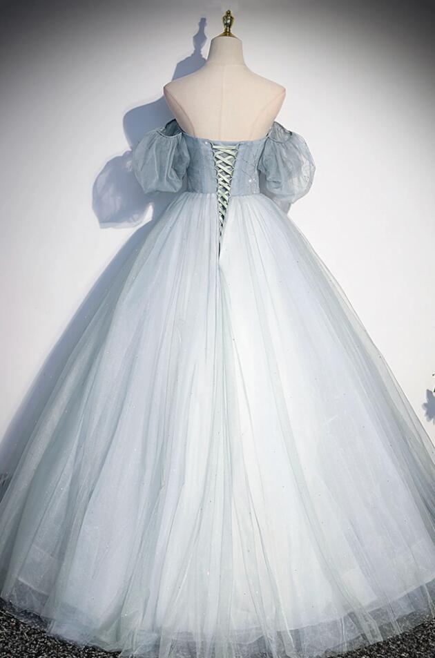 Pretty Ball Gown Strapless Pale Blue Satin Tulle Long Prom Dress, Party Dress, Evening Dress GG2878