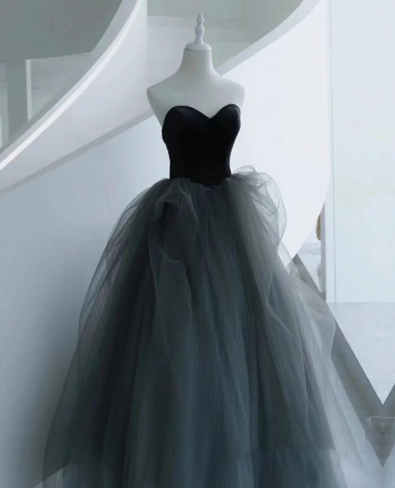 A Line Black And Gray Tulle Long Prom Dress A Line Evening Dress