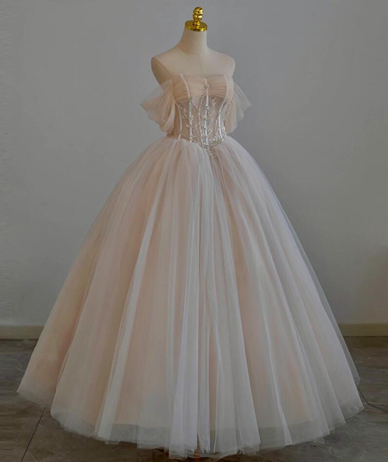 Ball Gown Champagne Tulle Beads Long Prom Dress