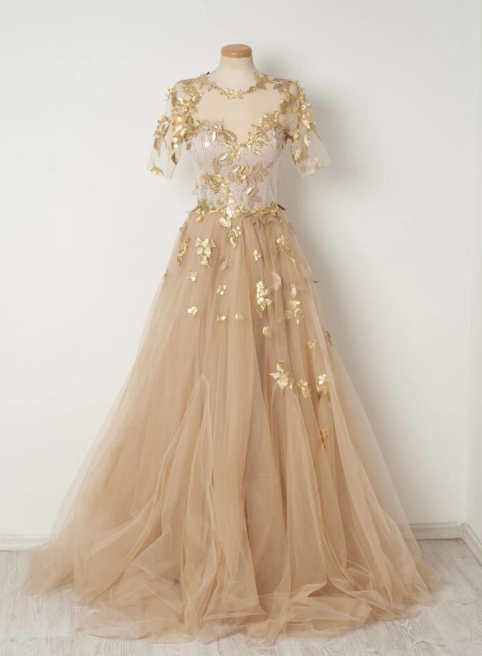 Champagne A Line Tulle Long Prom Dress