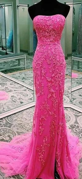 Cute Pink Lace Strap Mermaid Prom Dress P3342