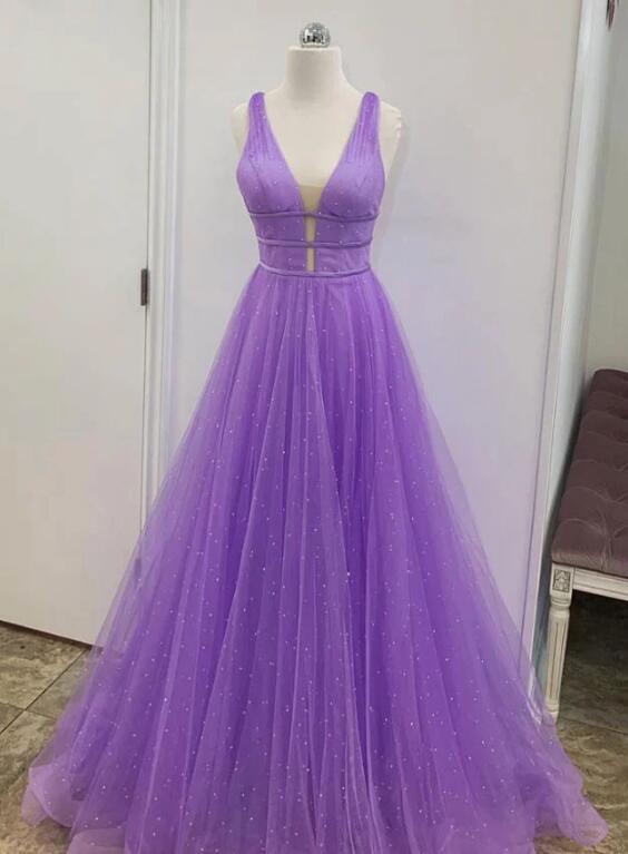Lovely A Line Purple Tulle Beaded Prom Dresses